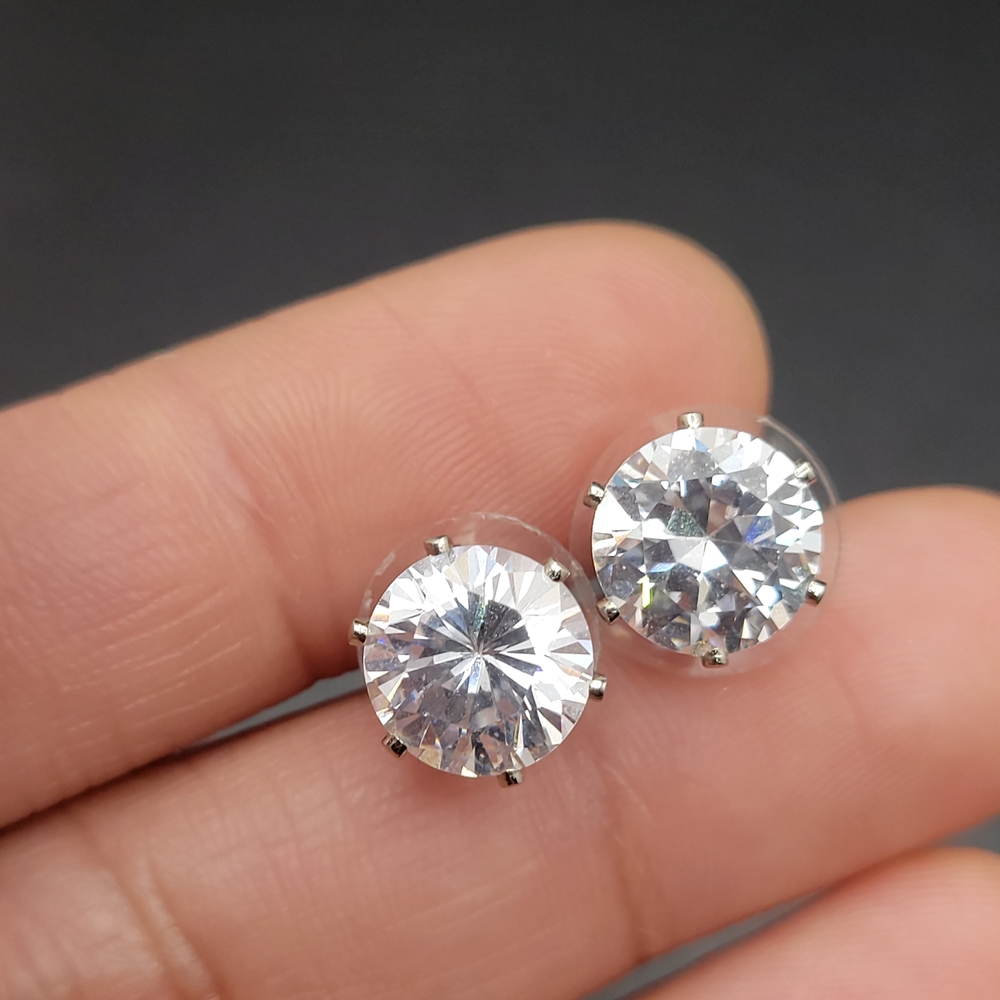 Sparkling Clear Round CZ Stud Earrings in Silver-Tone